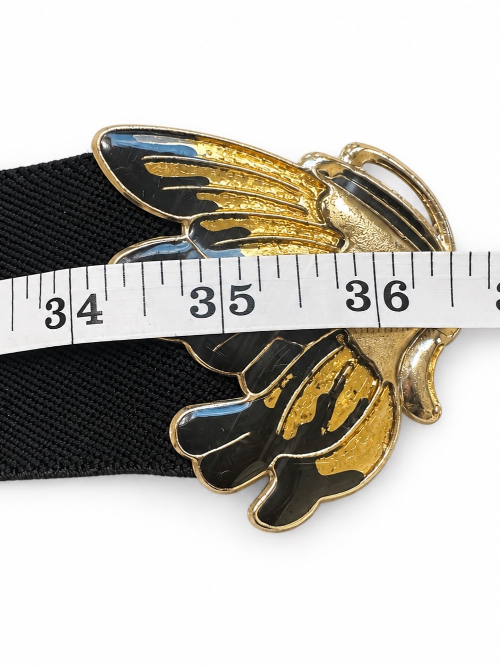 Vintage Black Stretch Belt with Oversized Two-Tone Butterfly Buckle Adjustable - Picture 5 of 8